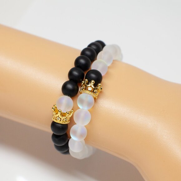 Bland and White Beaded Bracelets Set of 2 - Picture 4 of 6